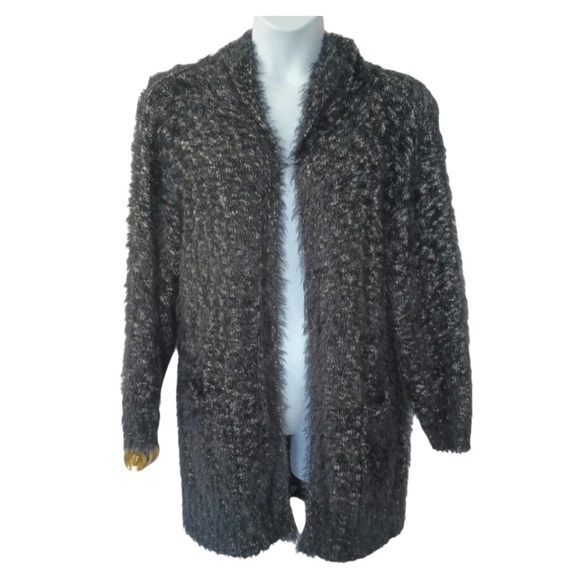 Express Oversized Fuzzy Eyelash Knit Open Front Cardigan Sweater Black Sz Medium - Picture 1 of 9